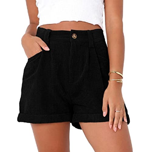 Damen Cord-Shorts mit Taschen, Sommerbündchen, kurzer Saum, hohe Taille, lässige Shorts mit hoher Taille, hohe Taille von SEARUB