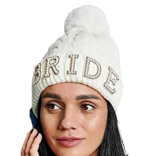 SEARUB Slouchy Pearl BRIDE Buchstaben Mütze Für Damen Elastische Mütze Winterwärmer Strickmütze Kalte Wintergeschenke Für Damen Und Teenager Braut Mütze Mit Pompons Braut Mütze Bride Tribe Mützen von SEARUB