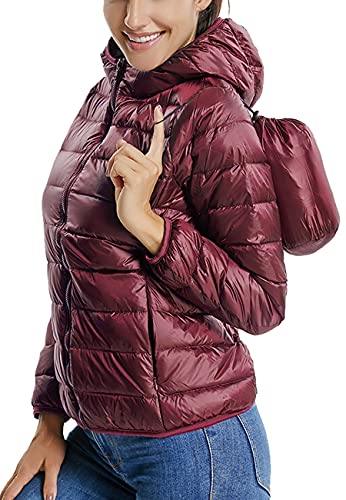 SEASUM Damen Giubbini Corti Imbottito Piuma, Leichte Steppjacke Übergangsjacke Packbare Jacke, con Cappuccio, mit Stehkragen Outdoor Herbst Winter, H500-Burgundisch M von SEASUM