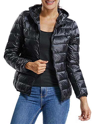 SEASUM Damen Giubbini Corti Imbottito Piuma, Leichte Steppjacke Übergangsjacke Packbare Jacke, con Cappuccio, mit Stehkragen Outdoor Herbst Winter, H500-Schwarz M von SEASUM