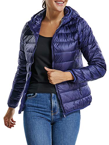 SEASUM Damen Giubbini Corti Imbottito Piuma, Leichte Steppjacke Übergangsjacke Packbare Jacke, con Cappuccio, mit Stehkragen Outdoor Herbst Winter, H500-marineblau L von SEASUM