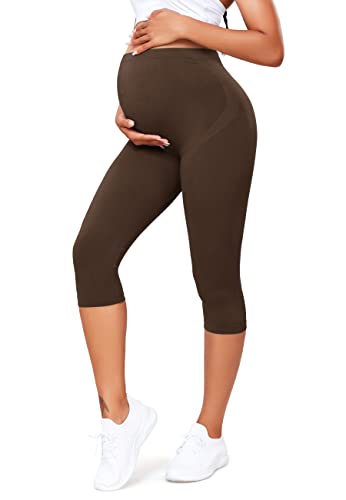 SEASUM Umstandsleggings 3/4 Damen, Sommer Umstandshose Blickdichte, Nahtlose Leggings Umstandsmode Shorts, Capri für Schwangere, M9820-Braun L von SEASUM