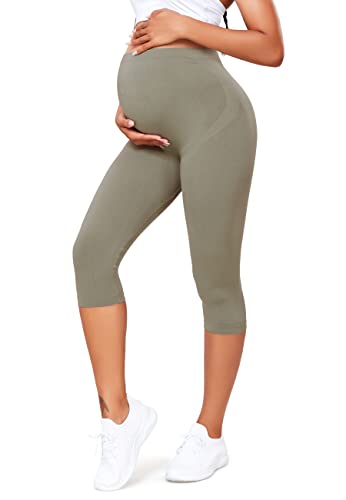 SEASUM Umstandsleggings 3/4 Damen, Sommer Umstandshose Blickdichte, Nahtlose Leggings Umstandsmode Shorts, Capri für Schwangere, M9820-Grau L von SEASUM