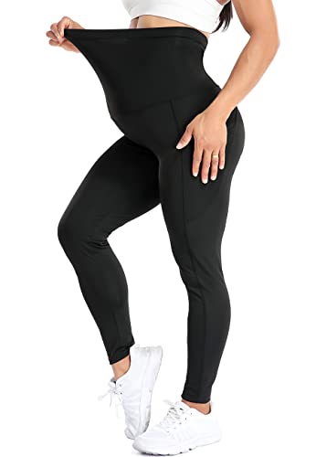 SEASUM Umstandsleggings mit Handytasche, Lange Umstandshose Blickdichte, Stretch Leggings Schwangerschaft Hosen Jogginghose, Freizeithose für Schwangere, N7480-Schwarz S von SEASUM