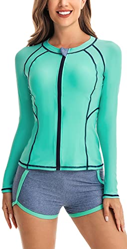 Badeanzug Damen Sport Zweiteiliger UV-Schutz Kurzarm Tankini Set Surfen Print Athletischer Schwimmen Swimsuit Badeshirt Badeshorts grün von SEAUR