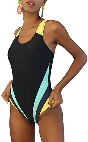 Badeanzug Sport Damen Bauchweg Einteiliger Bademode Swimsuit mit Brustpads Einteiliger Figurformender Herstellergröße M/EU Größe 38-40 von SEAUR