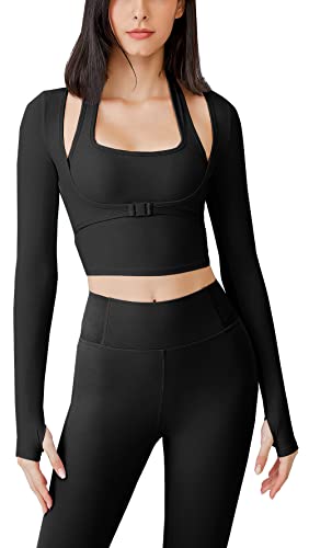 Damen 2 in 1 Langarm Sportshirt mit Daumenloch Neckholder Yoga Crop Top Sport BH und Bolero S von SEAUR