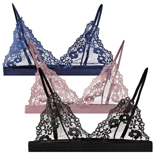 Damen 3 Stücke BH Set Atmungsaktiver und Leichter Damen BH Damen BH Große Größen Durchschauen Damen Spitze Dessous Bra Klassische BH Rosa Blau Schwarz L von SEAUR