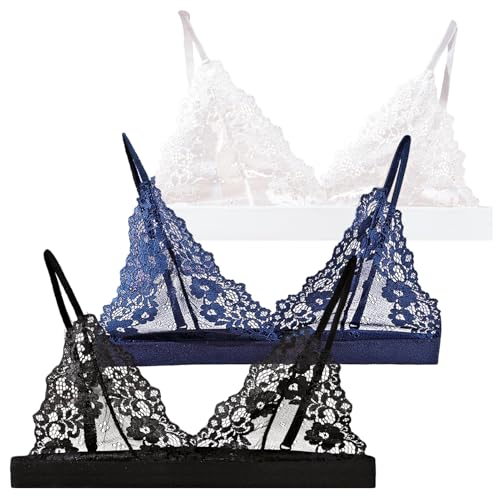 Damen 3 Stücke BH Set Bustier Damen Spitze ohne Bügel Dünnn Transparenten Durchsichtig Bequemer BHS Weiß Schwarz Blau L von SEAUR