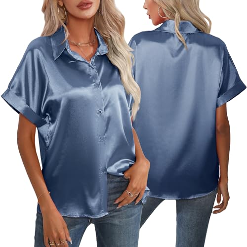 Damen Bluse Satin Elegant Kurzarm Business Oberteile mit Knöpfen Sommer Tops Seidenbluse Büro L Damen Bluse Satin Elegant Kurzarm Business Oberteile mit Knöpfen Sommer Tops Seidenbluse Büro L von SEAUR
