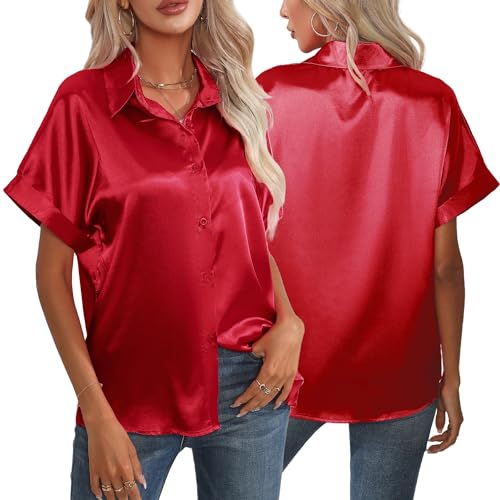 Damen Bluse Satin Elegant Kurzarm Business Oberteile mit Knöpfen Sommer Tops Seidenbluse Büro L von SEAUR