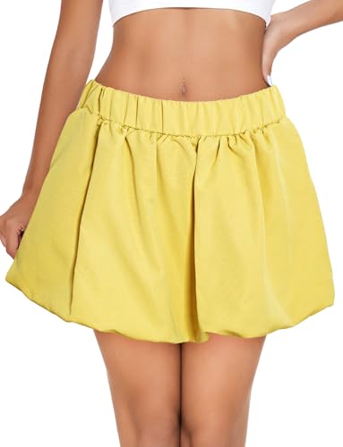 Damen Rock Skater Y2K Bubble-Rock mit Rüschensaum hohe elastische Taille A Linie Ausgestellter Rock Gelb 4XL von SEAUR