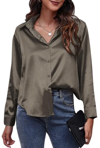 Damen Satin Button Down Shirts Elegant V Ausschnitt Seidige Hemden Casual Langarm Arbeit Blusen Tunika Top, dunkelgrau, 36 von SEAUR