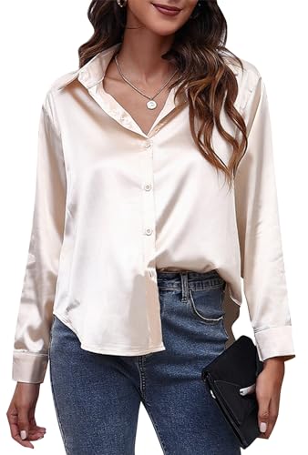 Damen Satin Button Down Shirts Elegant V Ausschnitt Seidige Hemden Casual Langarm Arbeit Blusen Tunika Top, khaki, 48 von SEAUR