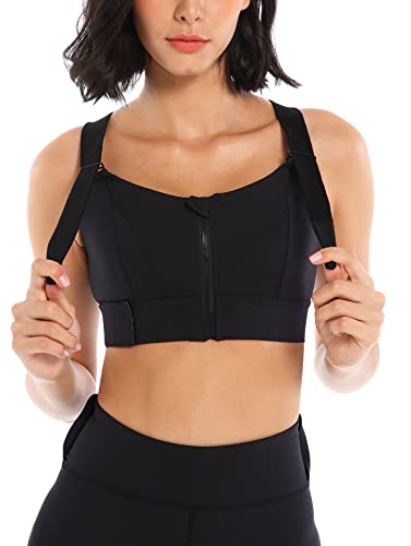 Damen Sport BH Racerback Sportsbra Crop Top Comfort Rücken Verkreuzt Vorne Reissverschluss Running Gym Light Komfortabler Bra Klettverschluss Riemchen Tanktop Bralette von SEAUR