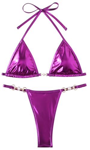Frauen Lila Bikinihose Set Metallic Zweiteilige Dreieck Tangas Badeanzug Rave Outfit mit String Neckholder Tops von SEAUR