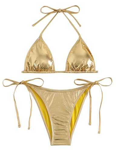 Frauen Metallic Gold Bikini Set Glänzendes Dreieck Krawatte Seitliche Tanga Hosen Badeanzug mit String Neckholder Tops Frauen Metallic Gold Bikini Set Glänzendes Dreieck Krawatte Seitliche Tanga Hosen Badeanzug mit String Neckholder Tops von SEAUR