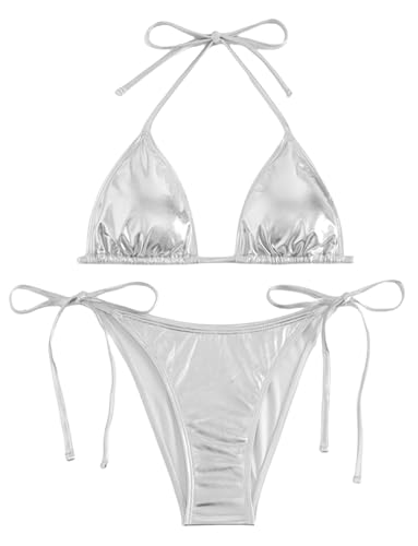 Frauen Metallic Silber Bikini Set Glänzend Zweiteilig Triangel Seitenkrawatte Tangas Neckholder Tops Badeanzug Bademode von SEAUR