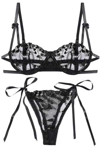 Frauen Niedlich Blumen Dessous Set Bestickt Durchsichtiger Push-up-BH und Höschen Mesh Transparente Spitze Bügel-BH und Tangas von SEAUR