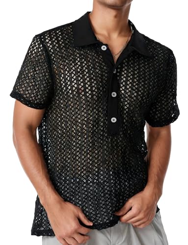 Herren Lässig Sommerhemd Kurz Arm Schwarzes Tops Transparent Top Netz Shirt Mesh Reizwäsche Shirts Clubwear XXL von SEAUR