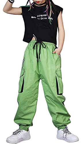 Hip Hop Kleidung Mädchen Joggerhose Taschen Hosen mit Top Street Dance Cargo Hose Jogginghose Baggy Pants Jazz Trainingsanzug Grün+Schwarz von SEAUR