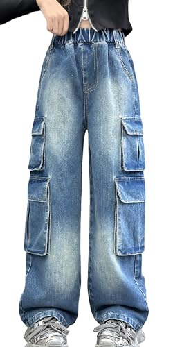 Jeans Vintage Casual Jeans Streetwear Straight Leg Jeans Relaxed Jeanshose mit Weitem Bein Hip Hop Kinder Blau 160 von SEAUR