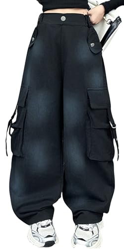 Jogginghose Mädchen Kinder Stoffhose Teenager Straight Leg Multi Pocket Streetwear Straight Leg Hip Hop Schwarz 150 von SEAUR