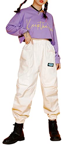 Kinder Mädchen Hip Hop Trainingsanzug Baggy Trainingshose Casual Outfit Pants mit Top Elastische Bund Loungehose Kleidungsset Hosen Street Dance Sweatshirt Violett+Weiß von SEAUR