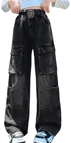 Mädchen Straight Loose Baggy Hosen Hip Hop Kinder Mode Cargo Hose Fallschirmhose mit Taschen Schwarz Gürtel Nicht enthalten von SEAUR