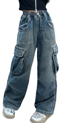 Mädchen Vintage Casual Jeans Streetwear Weite Beinhosen Multi Pocket Hip Hop Y2K Fallschirmhose mit Taschen Marineblau 140 von SEAUR