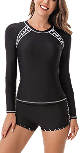 Rash Guard Set Damen Fashion Gepolsterter Boyshort Wassersport Badeanzug Swimsuit Sun Protection Badeanzüge UV-Schutz Langärmelig Rash Guard Set schwarz von SEAUR