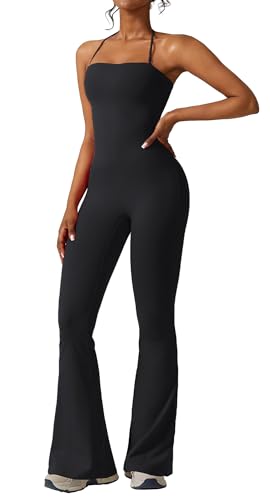 SEAUR 2-In-1 Flare Jumpsuit Damen Eng Lang Einteiler Overall Workout Yoga Sport Jumpsuits Neckholder Stretch Weites Bein Hose - S von SEAUR