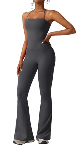 SEAUR 2-In-1 Flare Jumpsuit Damen Eng Lang Einteiler Overall Workout Yoga Sport Jumpsuits Neckholder Stretch Weites Bein Hose - S von SEAUR