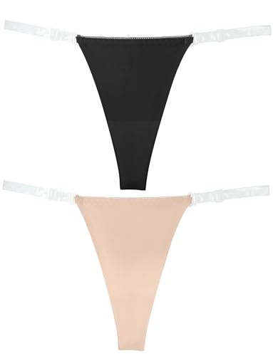 SEAUR 2er Pack Damen Unsichtbar String Tanga Keine Show Unterhosen Transparent Klare Gurte Hipster T-Back Niedrige Taille Slips Atmungsaktiv Thong Bikini Pantys M von SEAUR