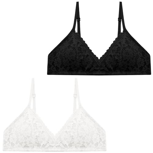 SEAUR 2er Teenager BH Mädchen Spaghettiträger Nahtlos BH Spitzen Triangel Bralette mit Abnehmbaren Pads Atmungsaktiv Unterwäsche Schwarz/Weiß 32(70AB) von SEAUR