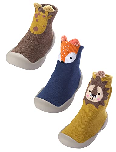 SEAUR 3 Paar Baby Lauflernschuhe Rutschfeste Sockenschuhe Kleinkind Bodensocken Niedliche Cartoon Motiv Stricken Schuhe Indoor für Jungen Mädchen - 12-18 Monate von SEAUR