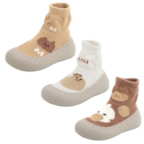 SEAUR 3 Paar Baby Sockenschuhe Rutschfeste Lauflernschuhe Kleinkind Bodensocken Indoor Stricken Schuhe Niedliche Cartoon Motiv für Jungen Mädchen - 6-12 Monate von SEAUR