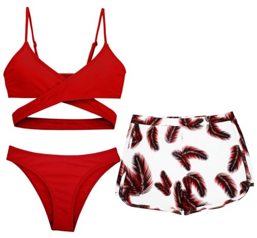 SEAUR 3 Stück Mädchen Bikini Sets Badeanzug Kinder Rückenfrei Top Triangel Bikinihose Shorts Beachwear für Baden Rot SEAUR 3 Stück Mädchen Bikini Sets Badeanzug Kinder Rückenfrei Top Triangel Bikinihose Shorts Beachwear für Baden Rot von SEAUR