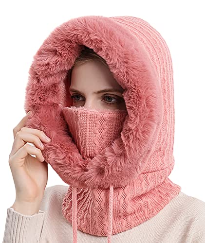 SEAUR 3 in 1 Schlupfmütze Damen Sturmhaube Fleece Gefüttert Wintermütze Strickmütze Skimütze Warm Balaclava Fahrrad Mütze Schal Gesichtsmaske - Rose Rot von SEAUR