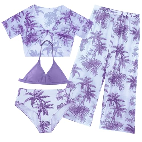 SEAUR 4 Teilig Bikini Mädchen Set Hawaii Badeanzug mit Cover Up Top Hose Strand Bademode Kinder Sommer Schwimmanzug Badebekleidung - 12 Jahre von SEAUR