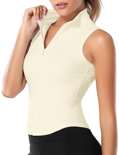 SEAUR Ärmellose Sportweste Damen Eng Anliegende Laufweste mit Durchgehendem Zipper Atmungsaktiv für Training Yoga Beige M von SEAUR