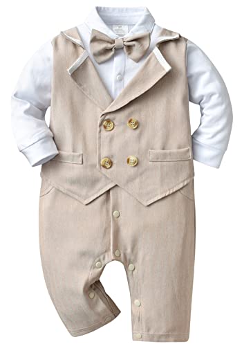 SEAUR Baby Jungen Anzug Strampler Einteiler Gentleman Strampler mit Krawatte Baby Smoking Overall für Geburtstag Hochzeit Taufe Beige 1 12-18 Monate (95) von SEAUR