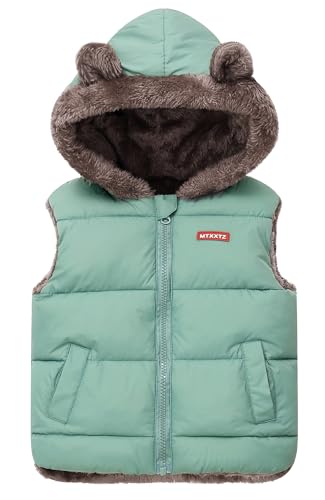 SEAUR Baby Jungen Mädchen Warme Weste Ärmellos Kinder Gilet Outwear mit Bärenohr Einfarbig Kapuze Puffer Weste Leichte Winterjacke Grün 6-7 Jahre von SEAUR