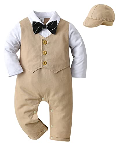 SEAUR Baby Jungen Smoking Overall Formell Einteiler mit Hut Baby Jungen Anzug Abschlussball Einteiler für Festzug Kirche Beige 3 6-9 Monate (80) von SEAUR