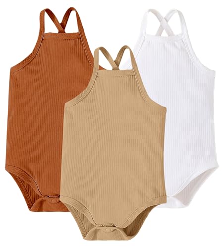 SEAUR Baby Mädchen 3er-Pack Infant-and-Toddler-Bodysuits Mixed Baby Unisex Ärmelloses Baby Body mit dünnen Sommerträgern aus Rippstrick einfarbigB 9-12 Monate von SEAUR