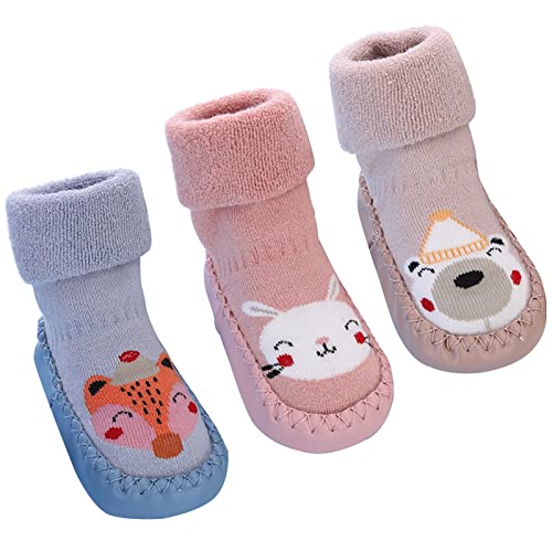 SEAUR Baby Socken Winter Hüttenschuhe Gefüttert Socken 3 Paar Kleinkind Bodensocken Haussocken Hausschuhe - 24-30 Monate - 23-24 EU von SEAUR