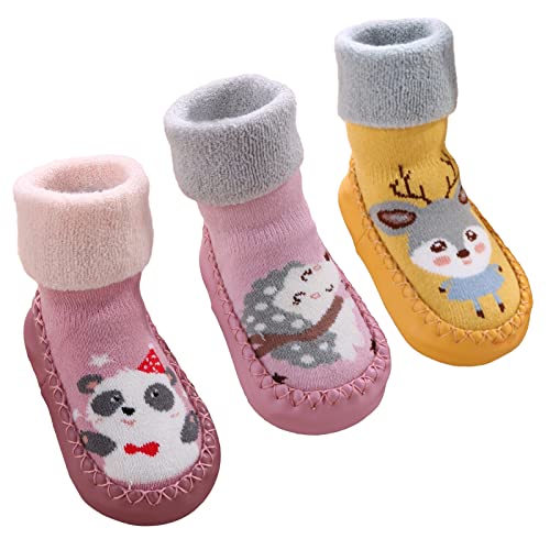 SEAUR Baby Socken Winter Hüttenschuhe Gefüttert Socken 3 Paar Kleinkind Bodensocken Haussocken Hausschuhe - 24-30 Monate - 23-24 EU von SEAUR