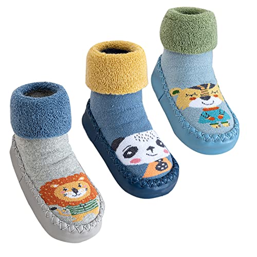 SEAUR Baby Socken Winter Hüttenschuhe Gefüttert Socken 3 Paar Kleinkind Bodensocken Haussocken Hausschuhe - 24-30 Monate - 23-24 EU von SEAUR