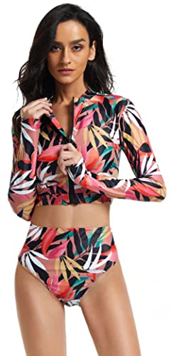 SEAUR Badeanzug Damen Zweiteiliger Rash Guard Langarm UPF 50+ UV Schutz Schwimmanzug Bikini Badeshorts Slim Fit Sonnenschutz Bademode Shirt - L von SEAUR