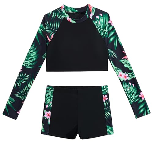 SEAUR Badeanzug Mädchen Langarm Zweiteiliger Schwimmanzug Sonnenschutz Badebekleidung Kinder Rashguard Set Bauchfrei Schwimmshirt Badeshorts - 150 von SEAUR